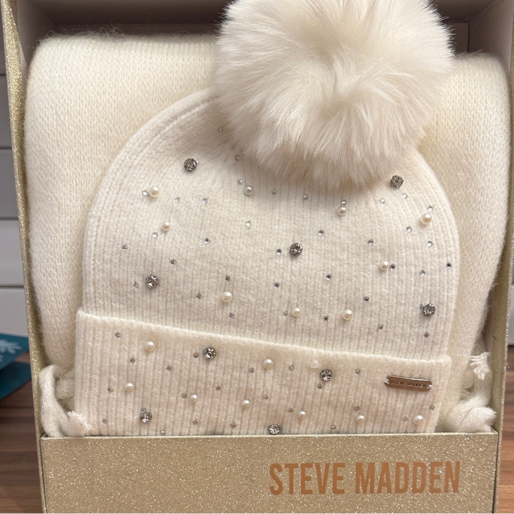 Steve Madden Ivory Beanie and Scarf Set with Embellishments